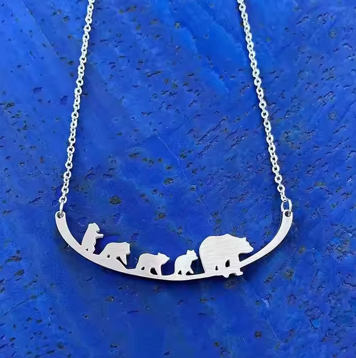 Stainless Steel Bear Family MAMA Necklace