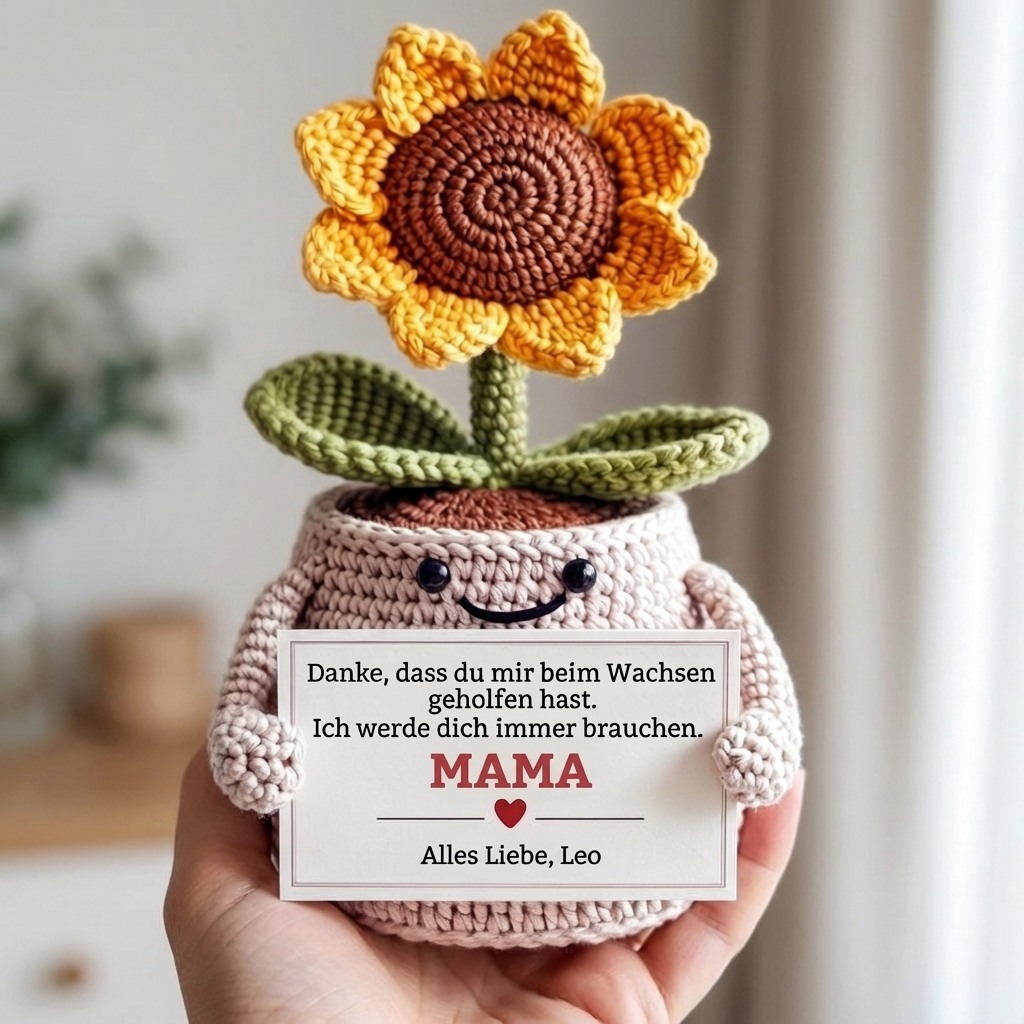 Danke fürs Wachsen lassen – Personalisierte Sonnenblume (gehäkelt)