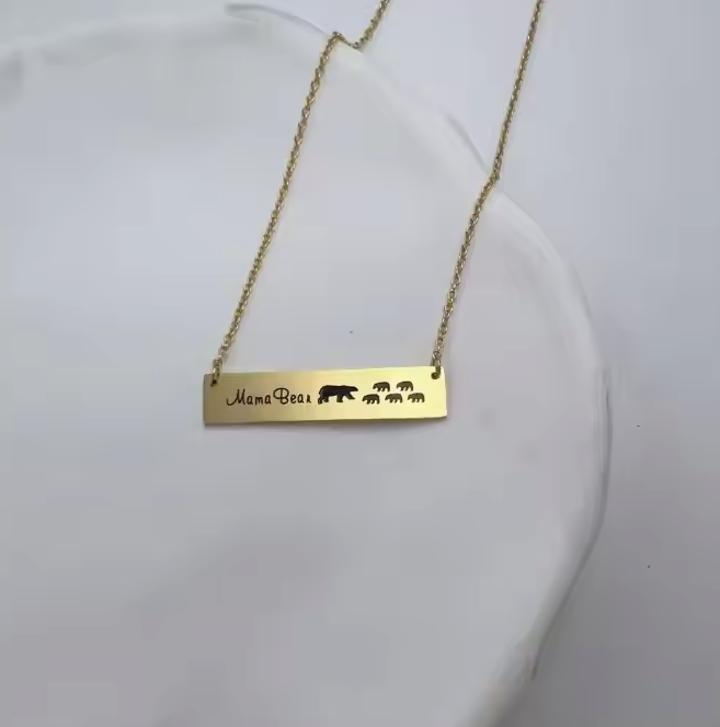 Personalized Mama Bear Stainless Steel Bar Necklace - Gift for Mom