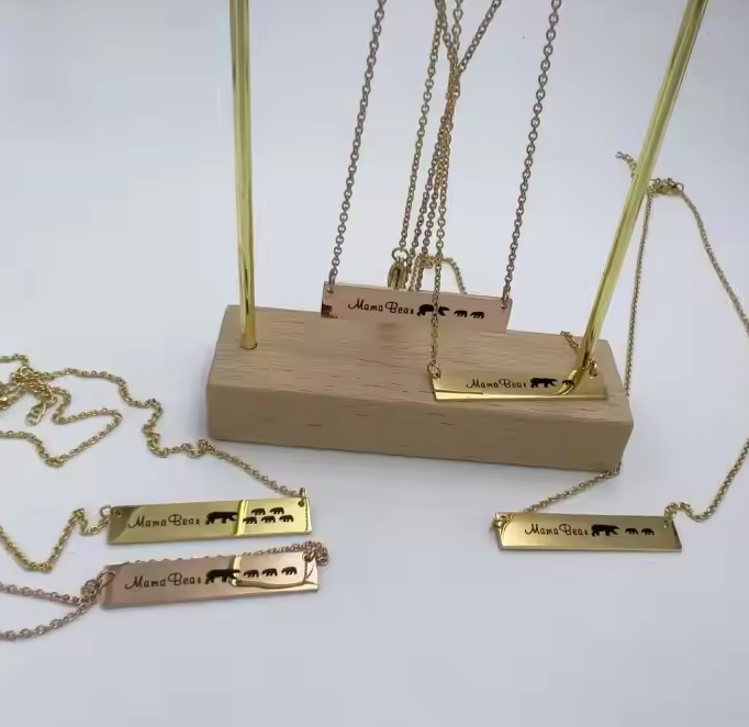 Personalized Mama Bear Stainless Steel Bar Necklace - Gift for Mom