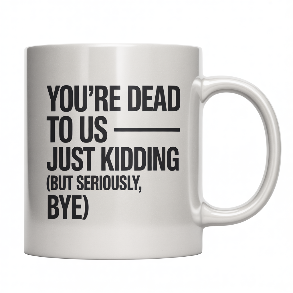 White ceramic coffee mug with 'You're Dead To Us – Just Kidding (But Seriously, Bye)' text, ideal for coworker farewell.