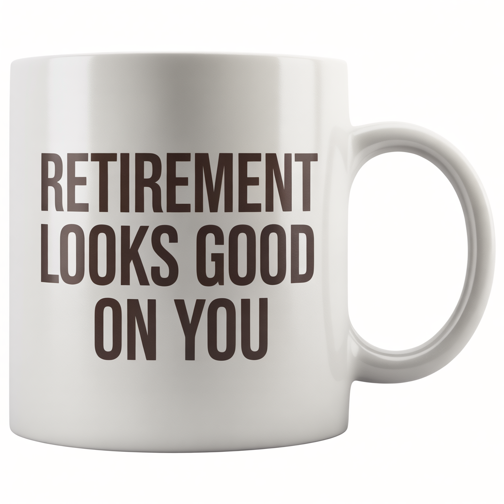 Front view of a white ceramic coffee mug with 'Retirement Looks Good On You' text, perfect happy retirement gift for women.