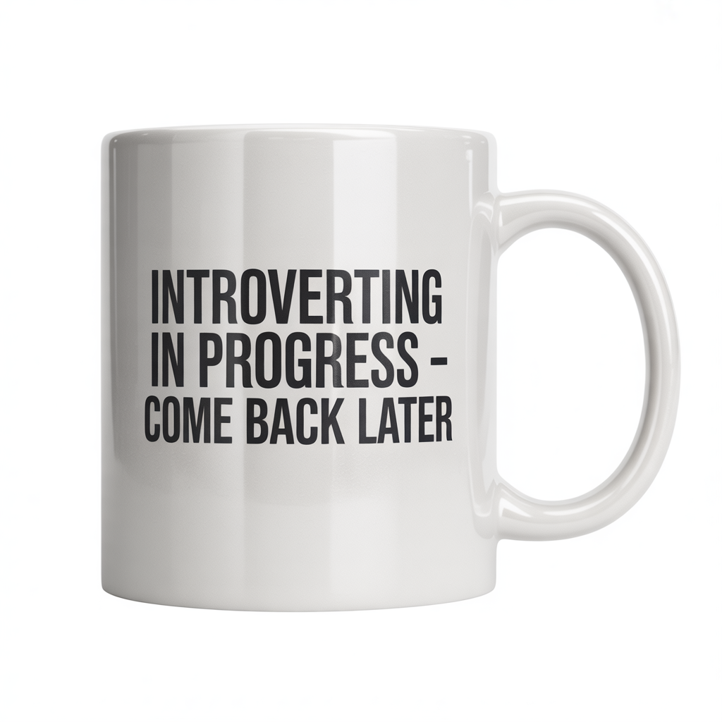 White ceramic coffee mug with text 'Introverting In Progress – Come Back Later', perfect for introverts and solitude lovers.