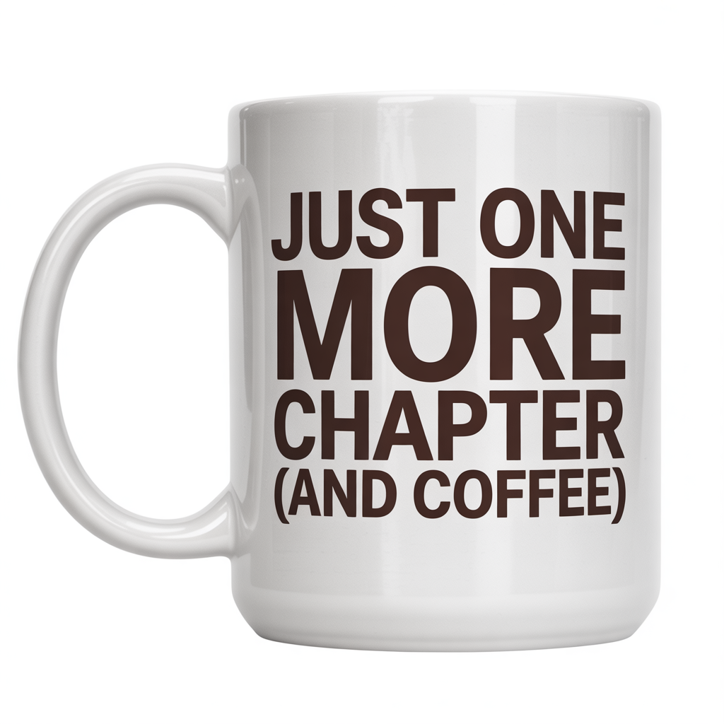 Front view of a white ceramic coffee mug with 'Just One More Chapter (And Coffee)' text, perfect for book lovers.