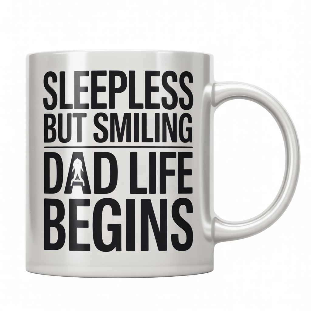 Front view of a white ceramic coffee mug with 'Sleepless But Smiling - Dad Life Begins' text, ideal gift for new dads.