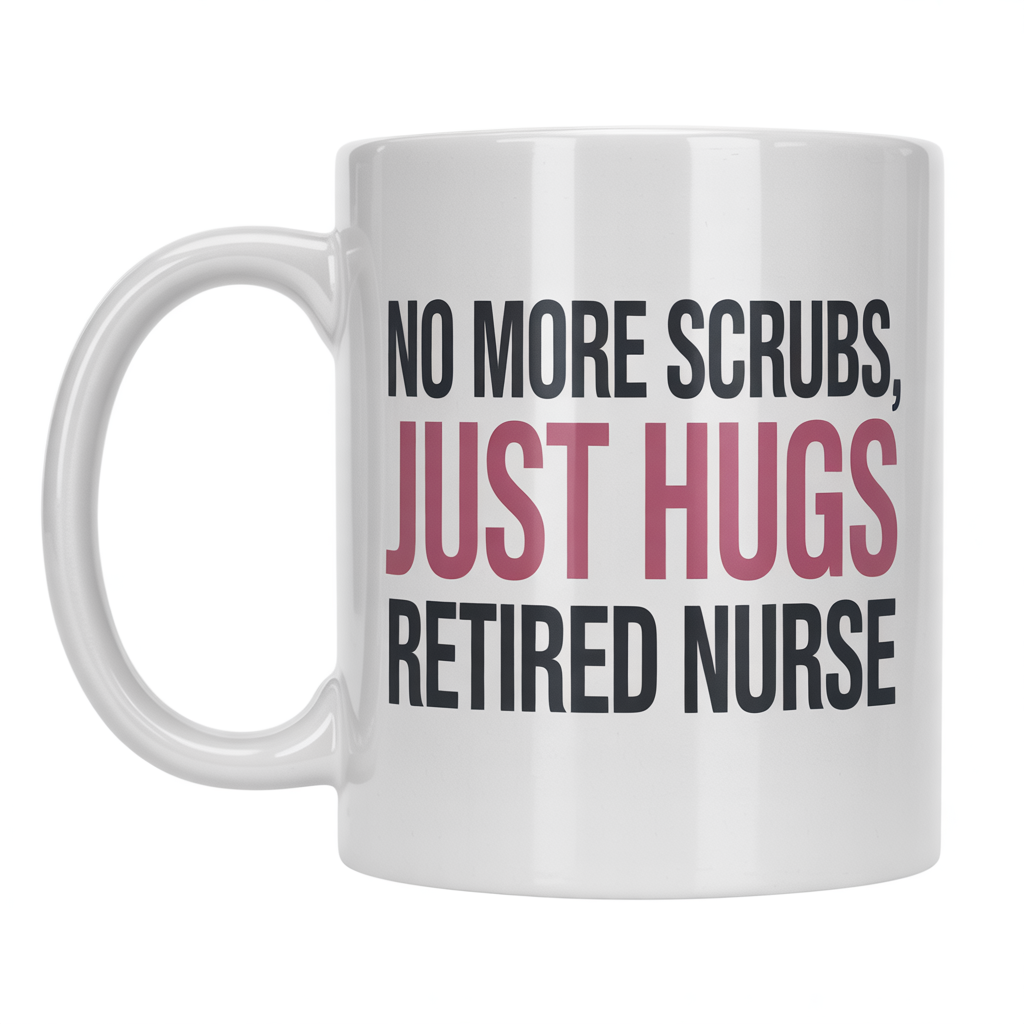 Front view of a white ceramic coffee mug with 'No More Scrubs, Just Hugs – Retired Nurse' text, ideal nurse retirement gift.