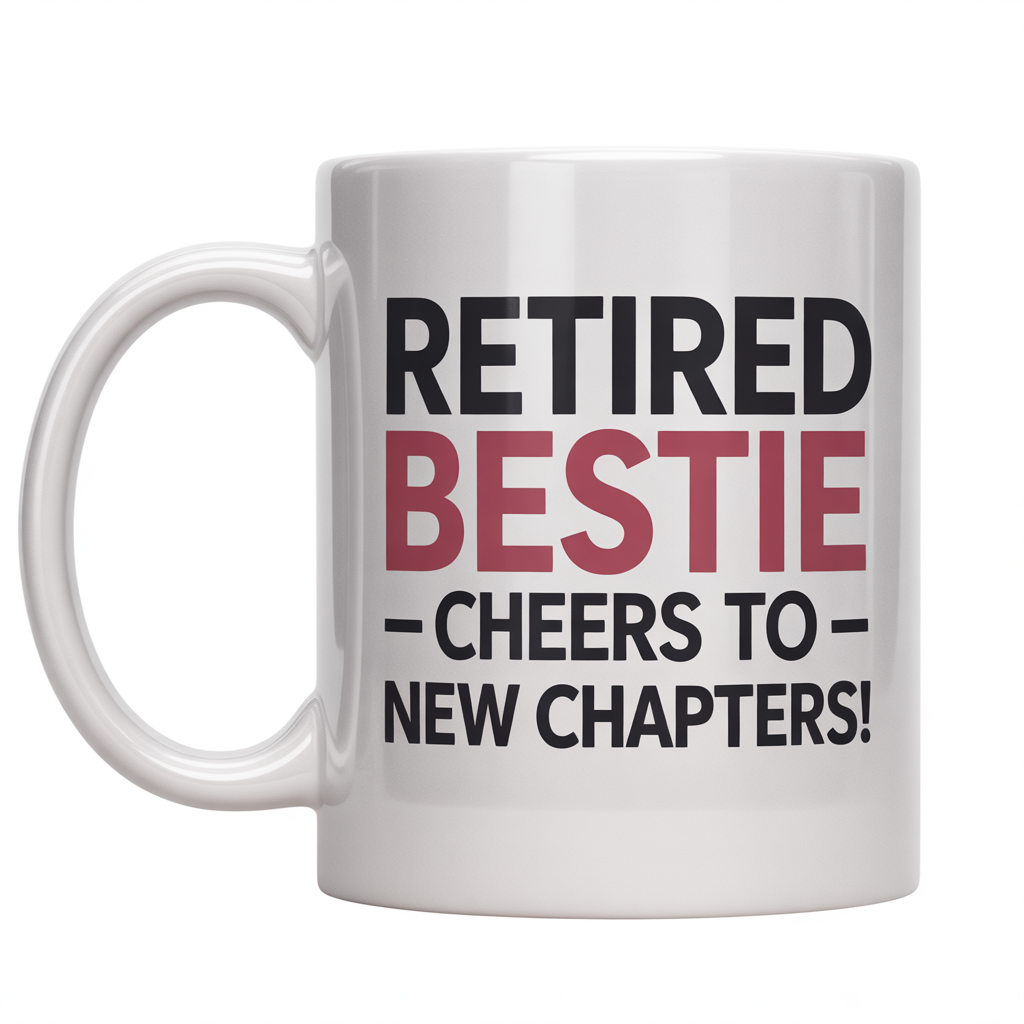 Front view of a white ceramic coffee mug with 'Retired Bestie – Cheers to New Chapters!' text, ideal retirement gift for women friends.