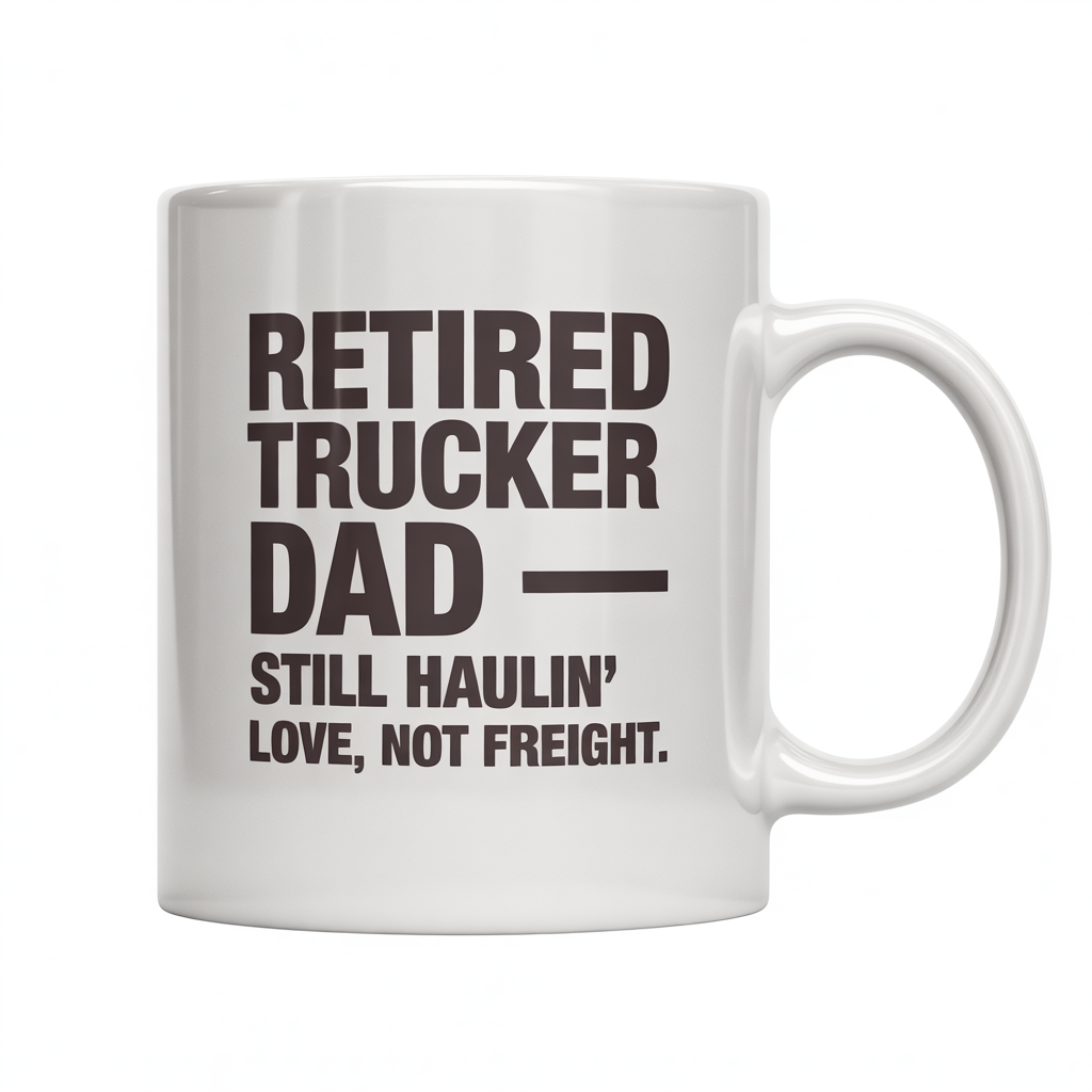 Front view of a white ceramic coffee mug with 'Retired Trucker Dad — Still Haulin’ Love, Not Freight' text, perfect retirement gift.