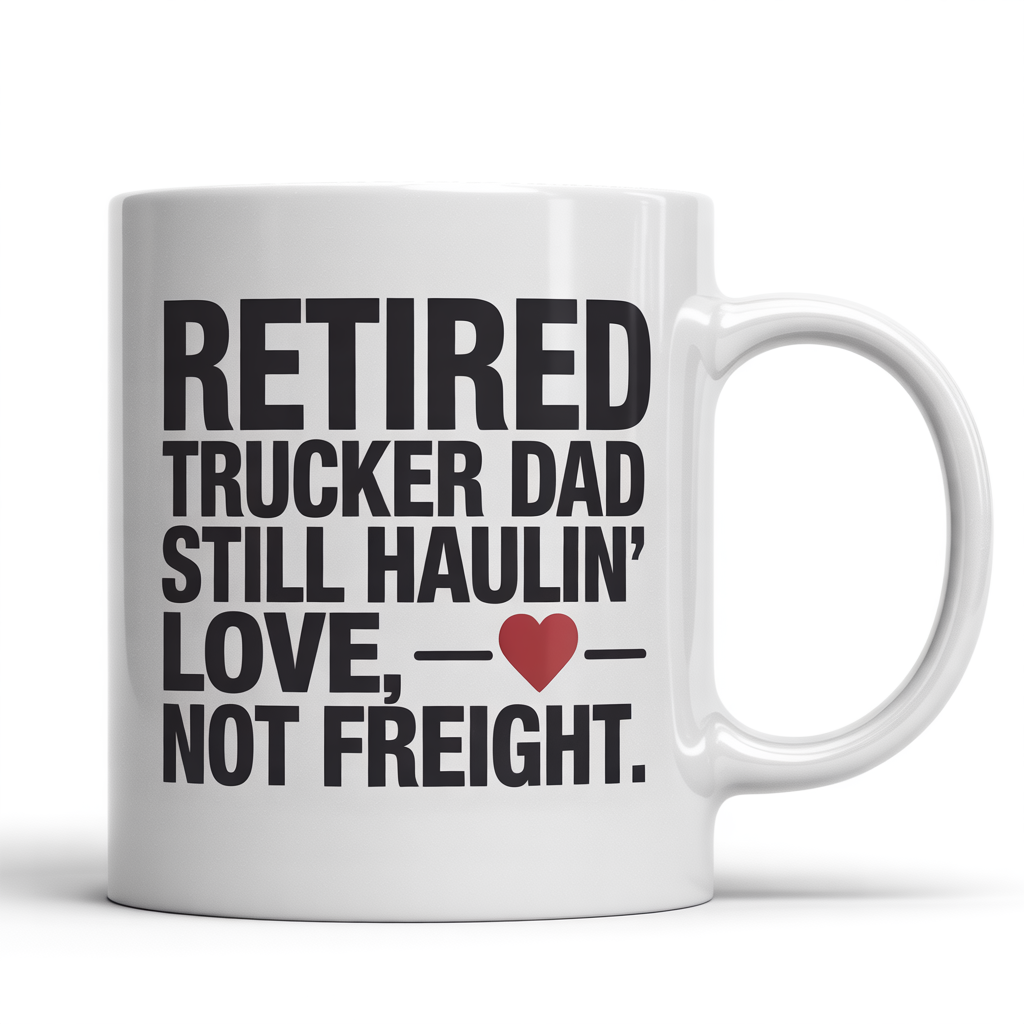 Front view of a white ceramic coffee mug with 'Retired Trucker Dad — Still Haulin’ Love, Not Freight' text, perfect retirement gift for trucker dad.