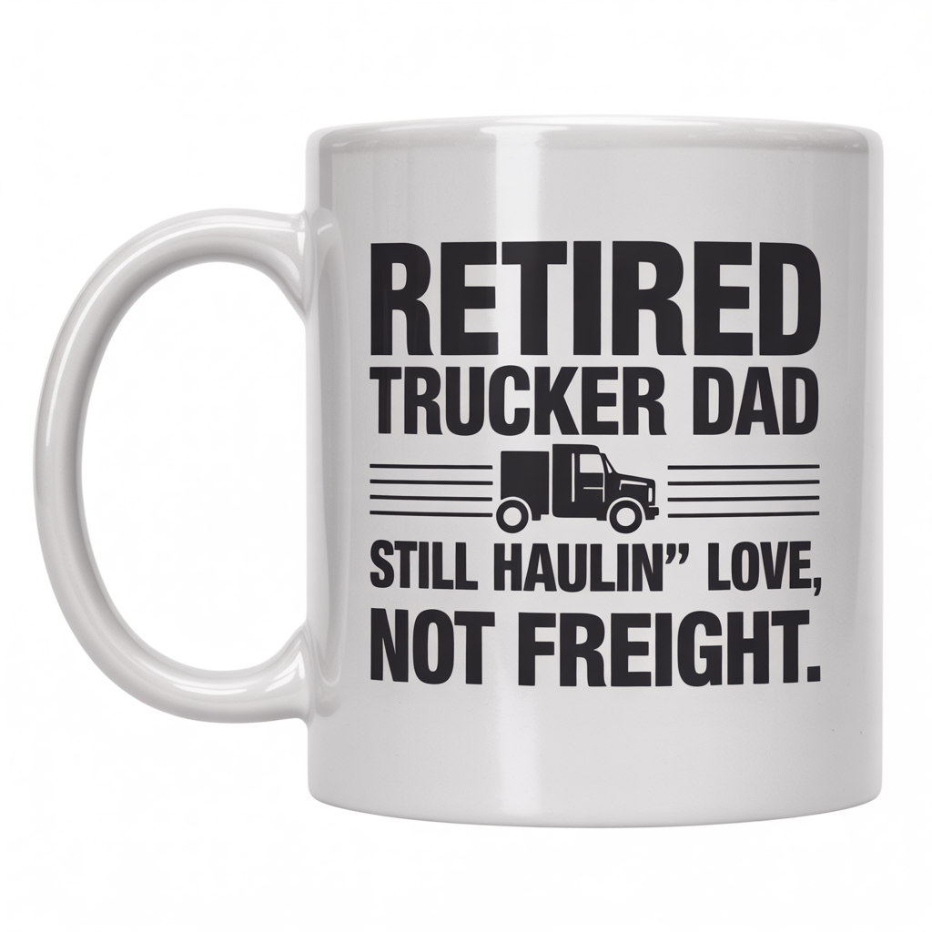 Front view of a white ceramic coffee mug with 'Retired Trucker Dad — Still Haulin’ Love, Not Freight' text, perfect retirement gift.
