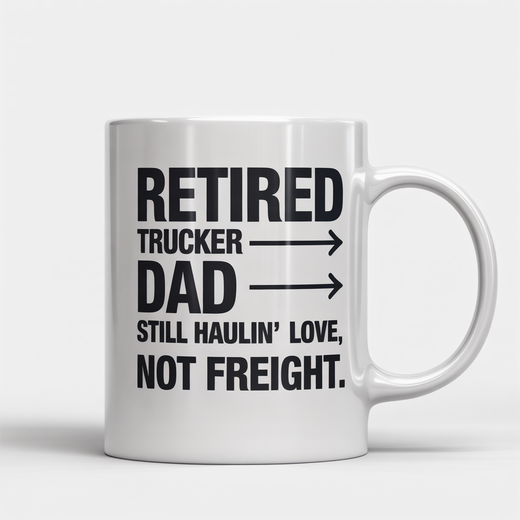 White ceramic coffee mug with 'Retired Trucker Dad — Still Haulin’ Love, Not Freight' text, ideal retirement gift for trucker dads.