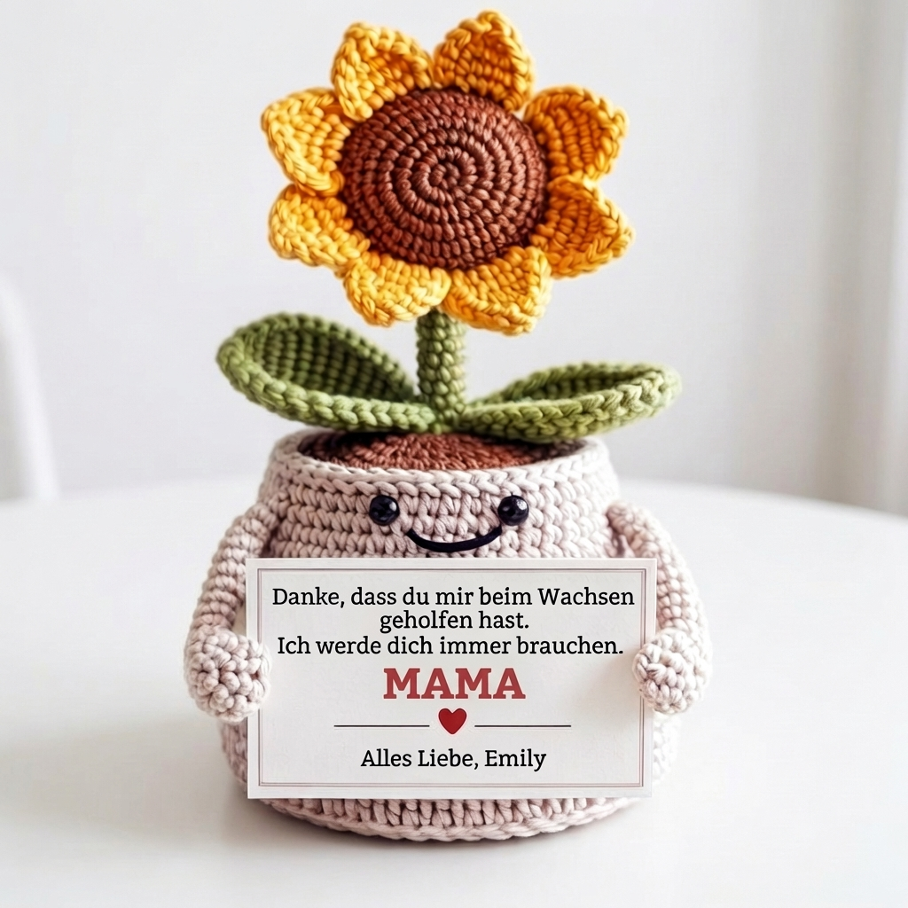 Danke fürs Wachsen lassen – Personalisierte Sonnenblume (gehäkelt)