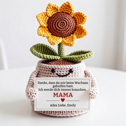 Danke fürs Wachsen lassen – Personalisierte Sonnenblume (gehäkelt)