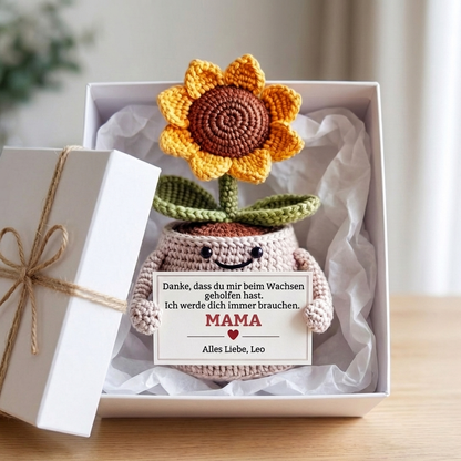 Danke fürs Wachsen lassen – Personalisierte Sonnenblume (gehäkelt)