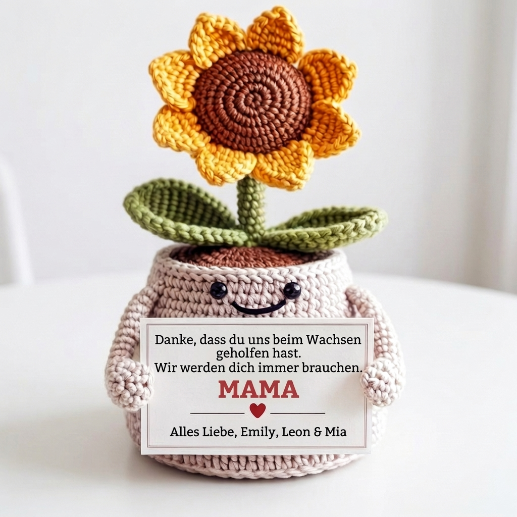 Danke fürs Wachsen lassen – Personalisierte Sonnenblume (gehäkelt)