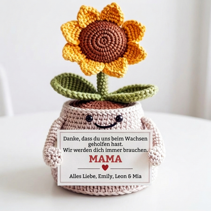 Danke fürs Wachsen lassen – Personalisierte Sonnenblume (gehäkelt)