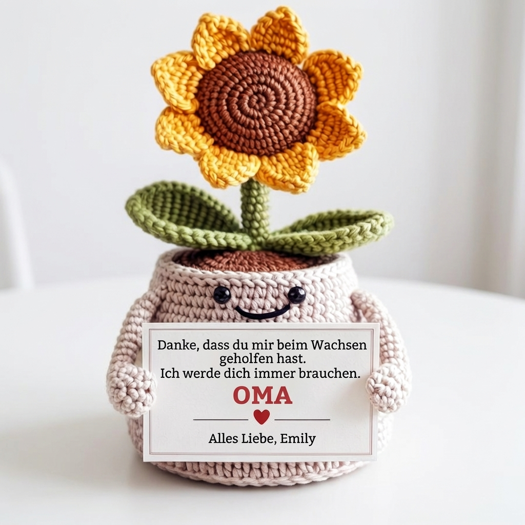 Danke fürs Wachsen lassen – Personalisierte Sonnenblume (gehäkelt)