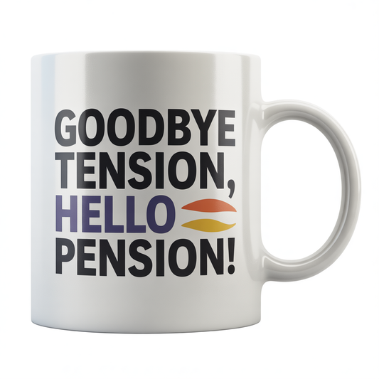 Front view of a white ceramic coffee mug with 'Goodbye Tension, Hello Pension' text, ideal funny retirement gift for women.