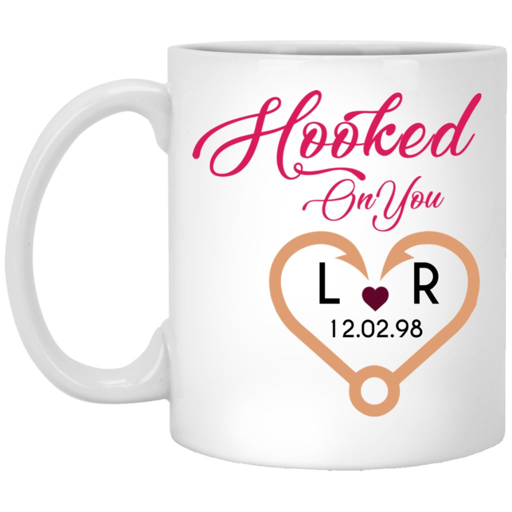 "Hooked on you Mug With Initials and Date" Coffee Mug - Uniquethoughtful