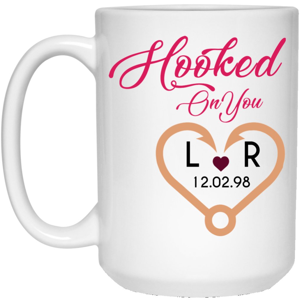 "Hooked on you Mug With Initials and Date" Coffee Mug - Uniquethoughtful