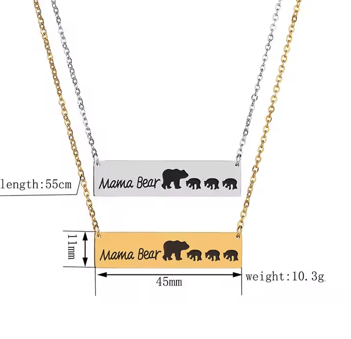 Mama Bear Family Pendant Necklace - Stainless Steel Mother's Day Gift - UniqueThoughtful