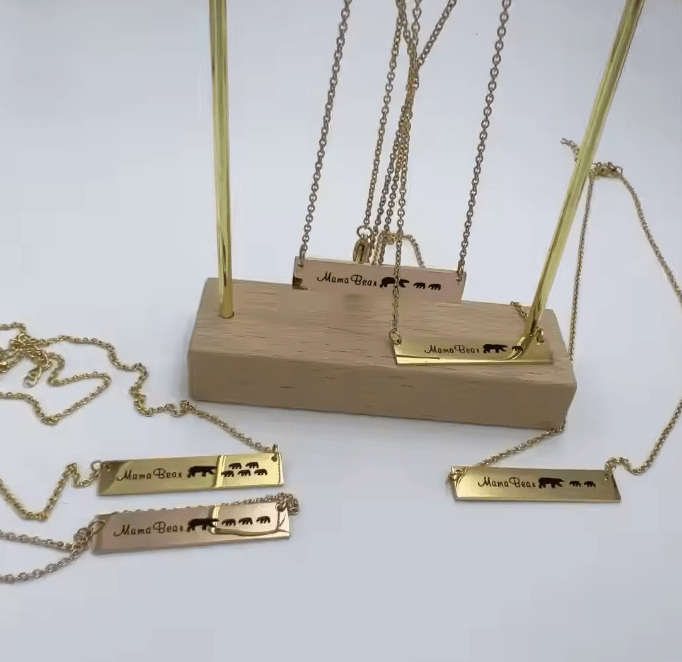 Personalized Mama Bear Stainless Steel Bar Necklace - Gift for Mom - UniqueThoughtful