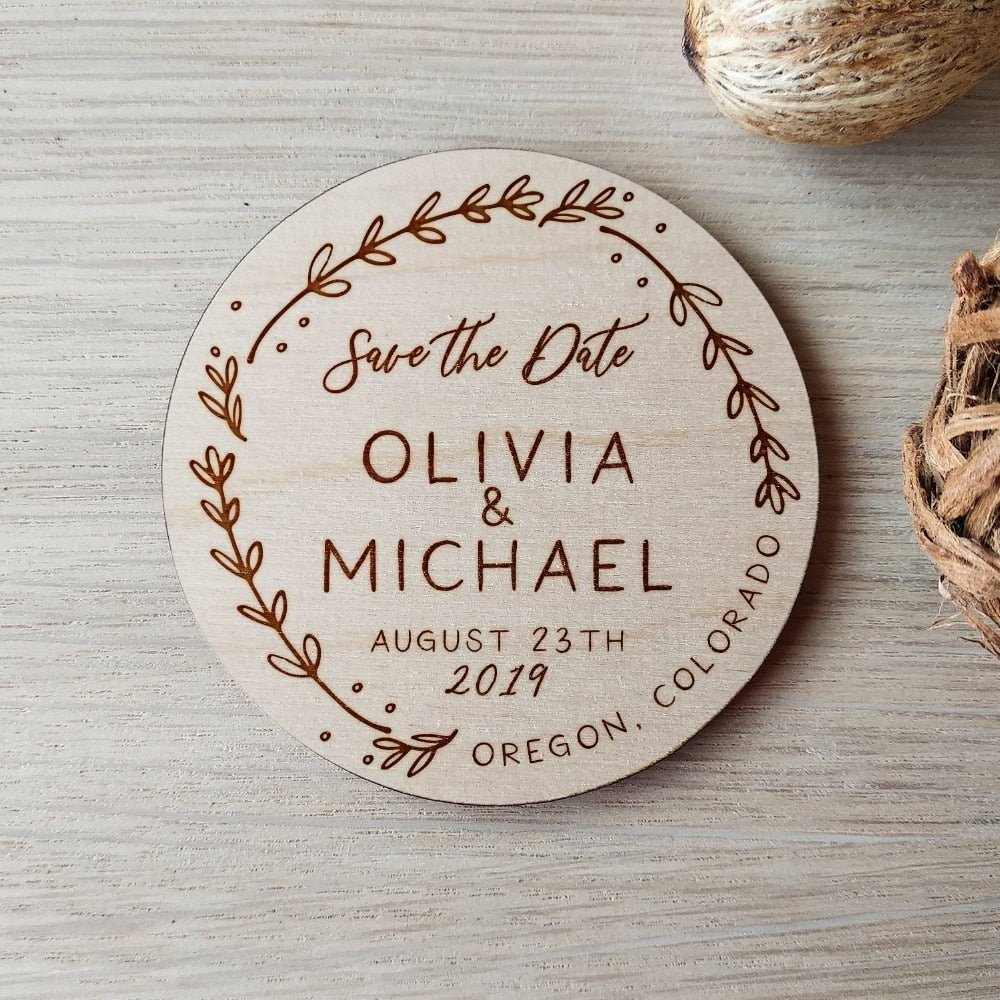 Rustic Floral Wooden Wedding save the date magnets, Laser engraved name and date - UniqueThoughtful