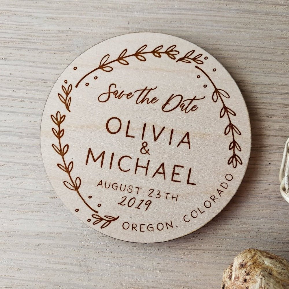 Rustic Floral Wooden Wedding save the date magnets, Laser engraved name and date - UniqueThoughtful