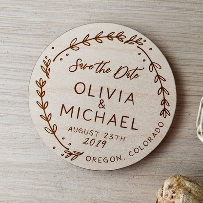 Rustic Floral Wooden Wedding save the date magnets, Laser engraved name and date - UniqueThoughtful