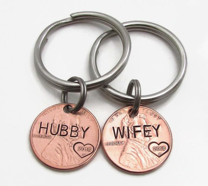 Set of 2 Personalized Hubby - Wifey Penny Keychains - Uniquethoughtful