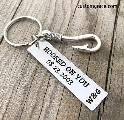 Hooked on You Personalized Keyring with Initials and Date - UniqueThoughtful