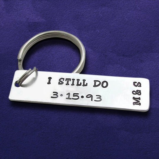 I still do keychain with date and initials - UniqueThoughtful