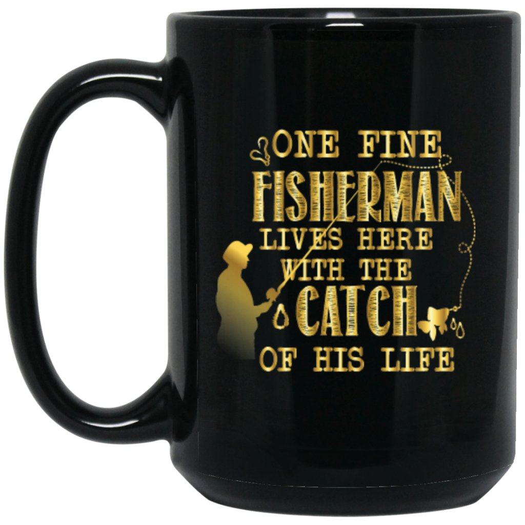 “One fine fisherman lives here with the catch of his life” coffee mug (golden) - UniqueThoughtful