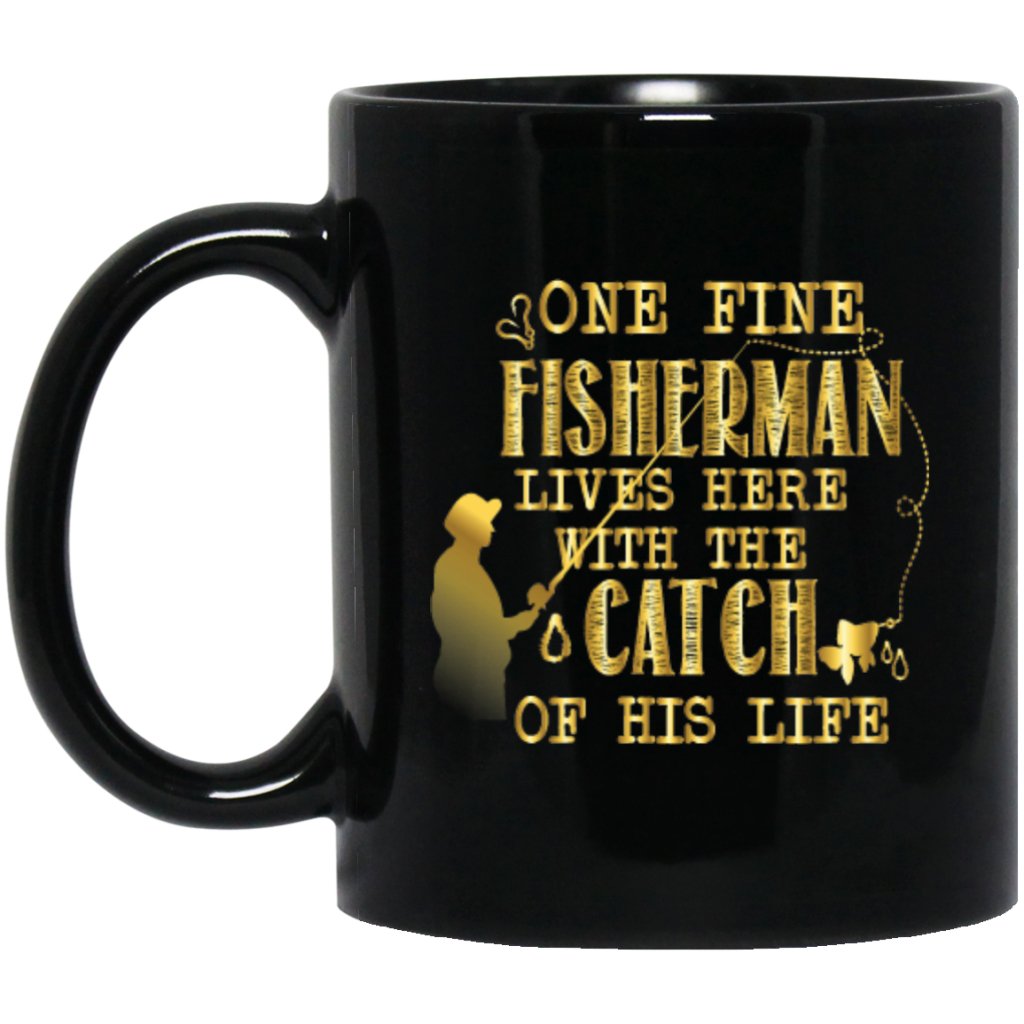 “One fine fisherman lives here with the catch of his life” coffee mug (golden) - UniqueThoughtful
