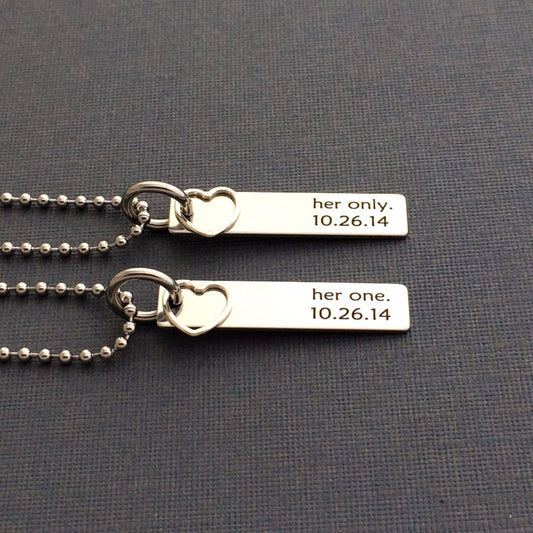 Personalized Couple Necklace Set with date (Her one Her only) - UniqueThoughtful