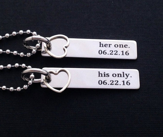Personalized Couple Necklace with date (Her one His only) - UniqueThoughtful
