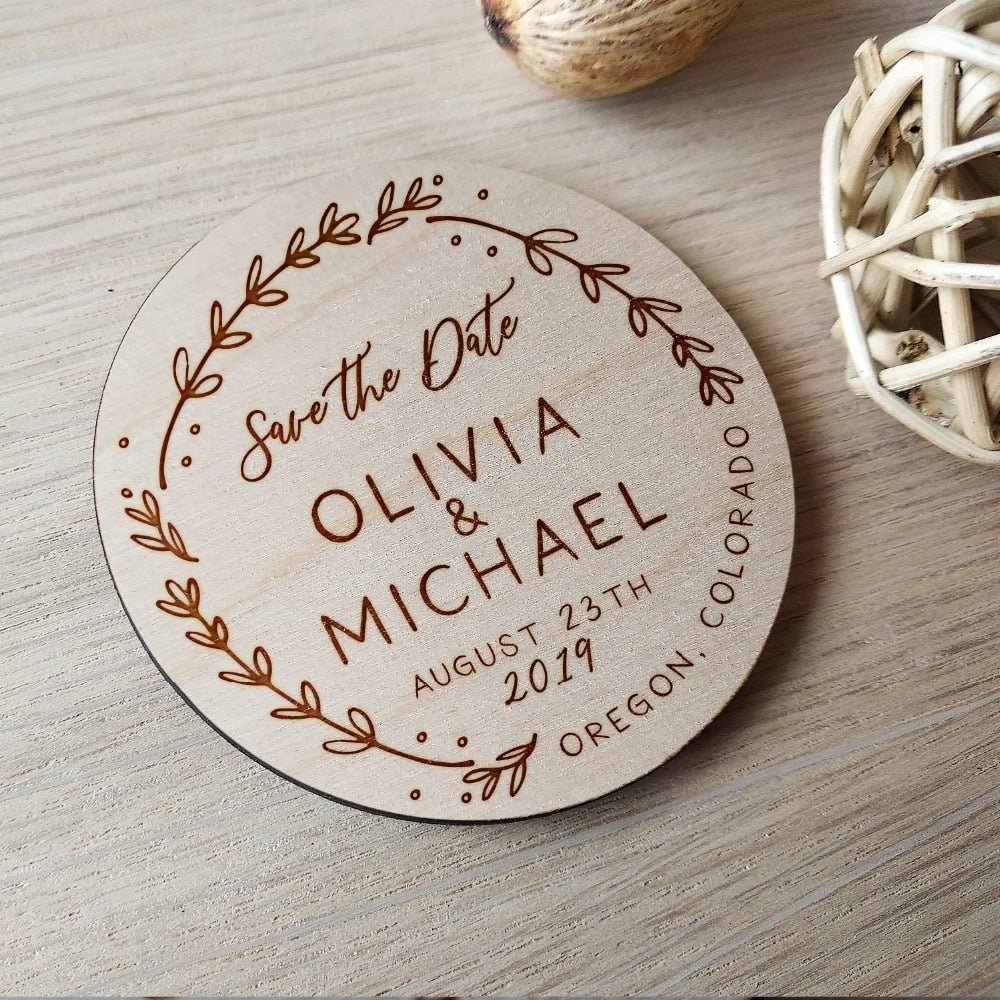 Rustic Floral Wooden Wedding save the date magnets, Laser engraved name and date - UniqueThoughtful
