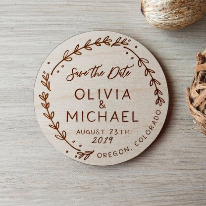 Rustic Floral Wooden Wedding save the date magnets, Laser engraved name and date - UniqueThoughtful